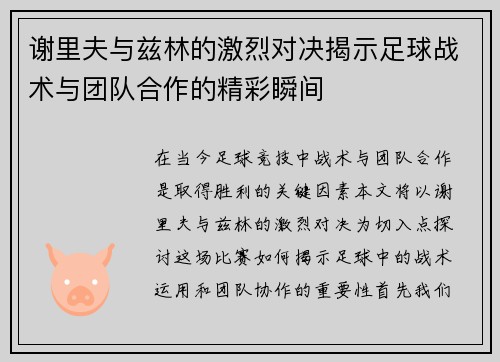 谢里夫与兹林的激烈对决揭示足球战术与团队合作的精彩瞬间